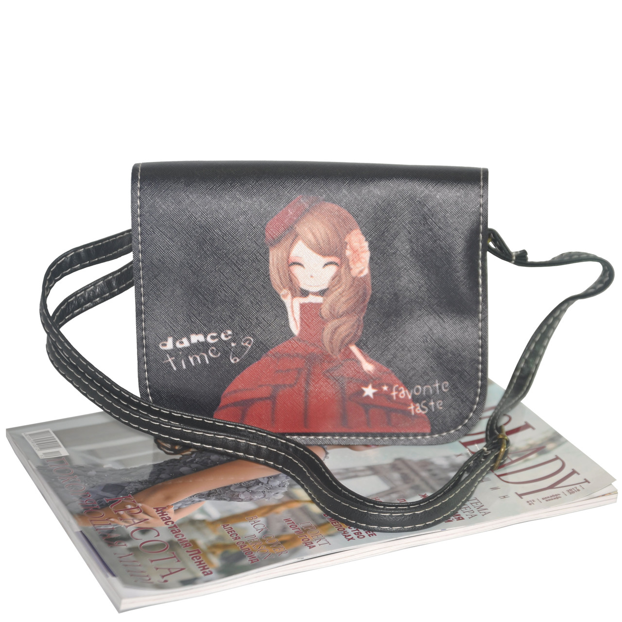 Жіночий клатч з дівчинкою в червоному платті 01536191884148red чорний, фото 1