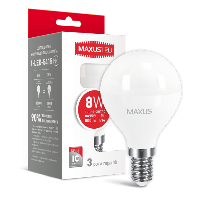 MAXUS світлодіодна G45 F 220v 8w 3000K E14 1-LED-5415 (749 )