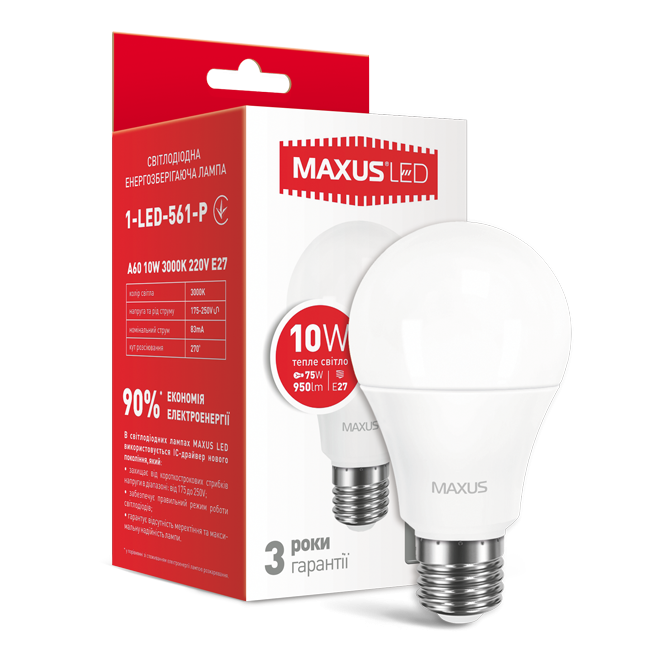 Лампа MAXUS світлодіодна A 60 220v 10w 3000K E27 1-LED-775