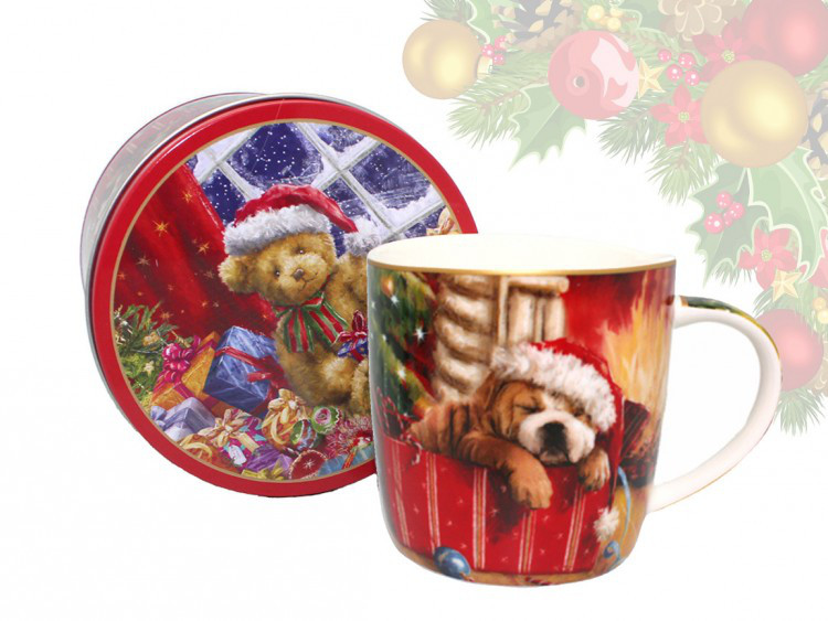 Кружка фарфорова Carmani з новорічним малюнком в металевій коробці Happy new year, h-9 см, 375 мл (880-9044.3), фото 1