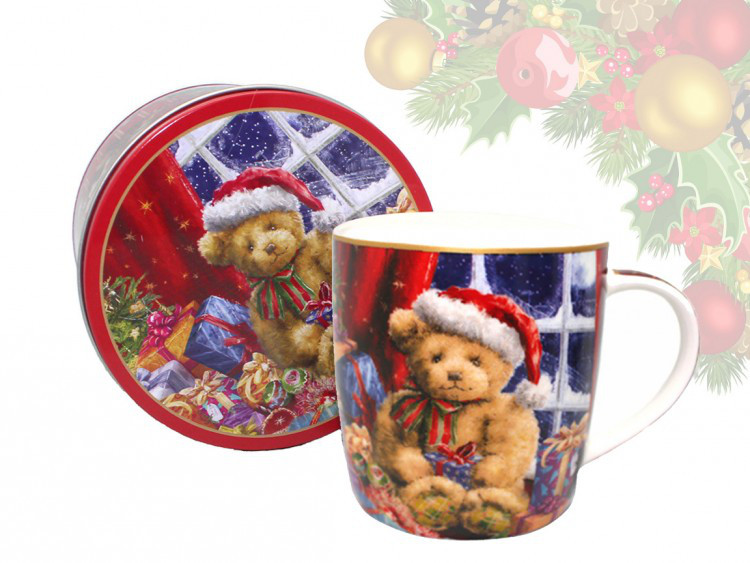 Кружка фарфорова Carmani з новогодни малюнком в металевій коробціHappy new year, h-9 см, 375 мл (880-9044.2), фото 1