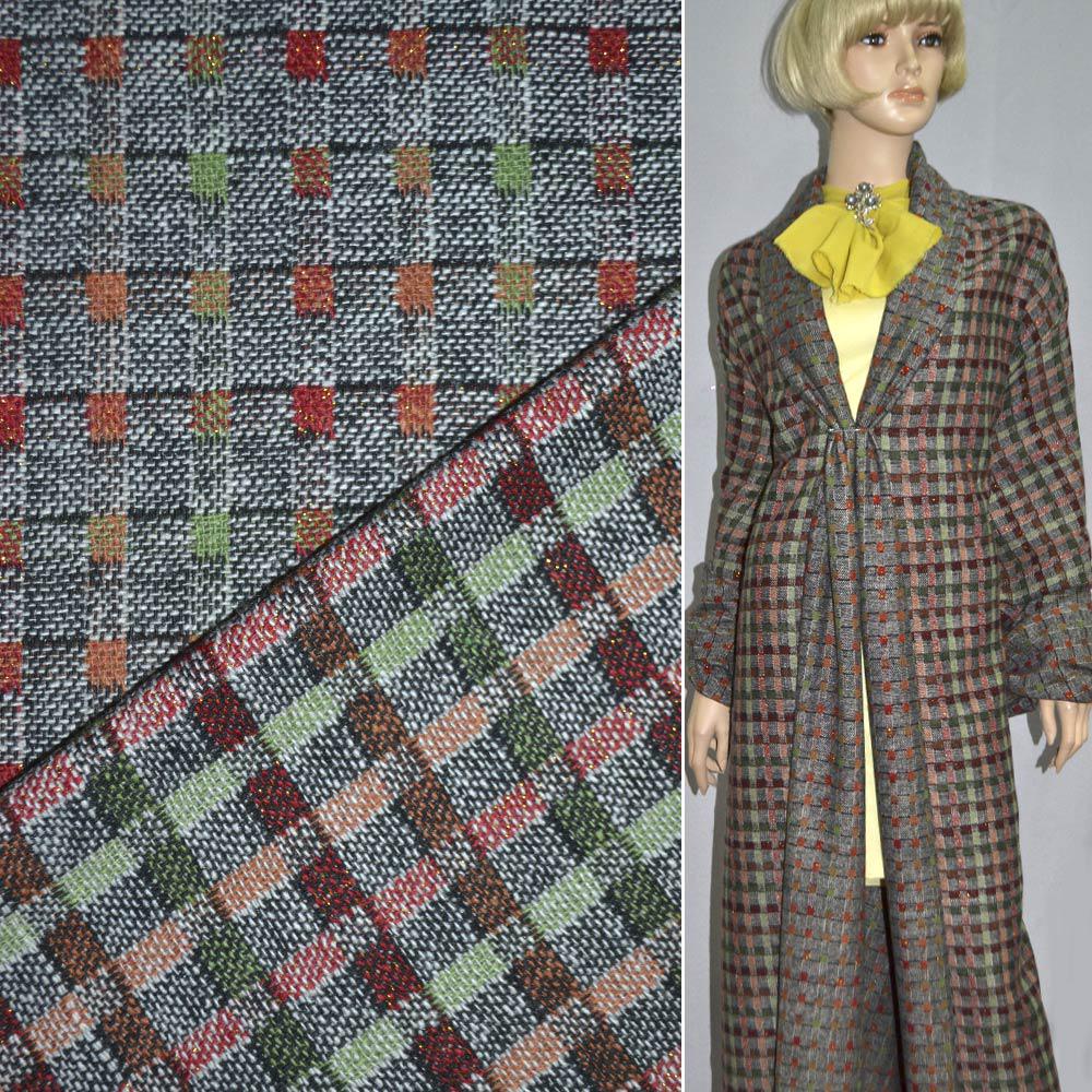 Жаккард костюмний в клітку з люрексом сірий з червоним, оливковою, чорним ш.150