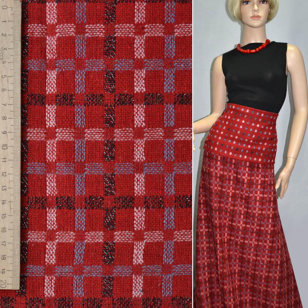 Жаккард костюмний в клітку з люрексом червоний з білим і чорним ш.150