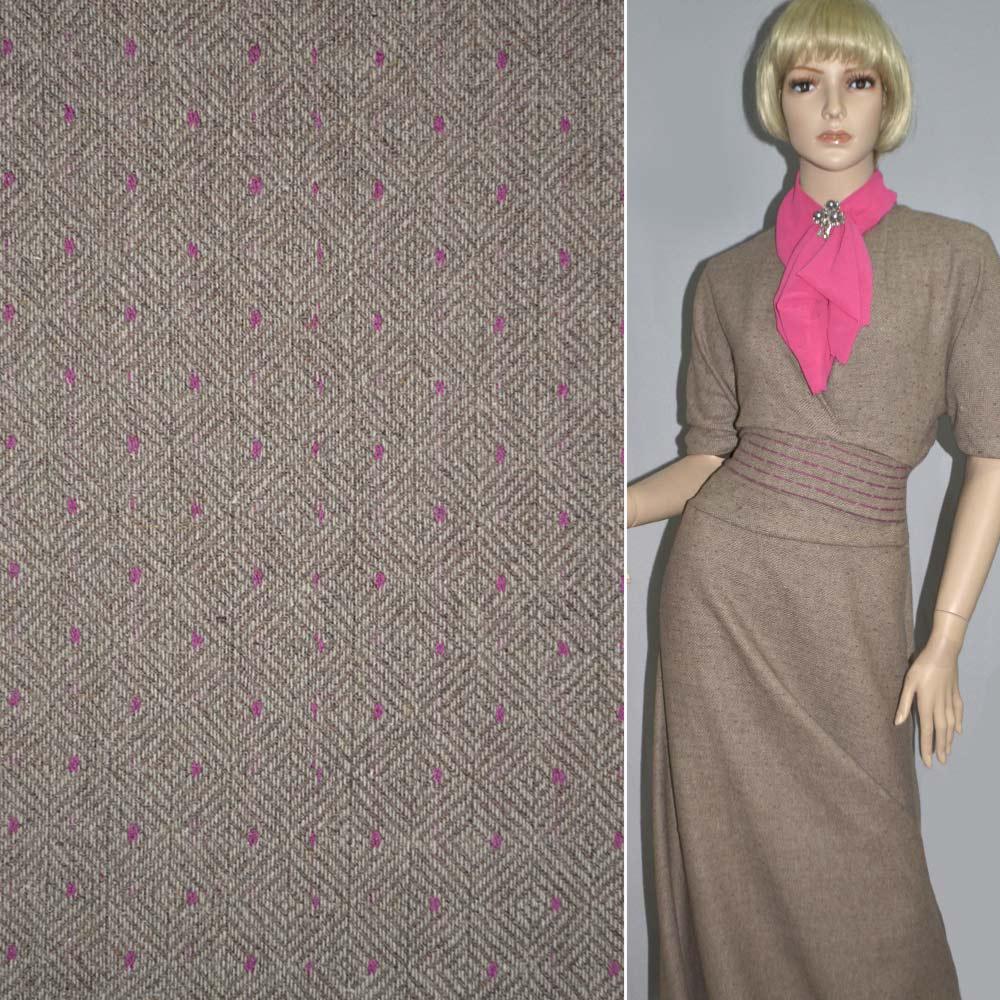 Твід бежевий з рожевим точкою в клітку в ялинку ш.150