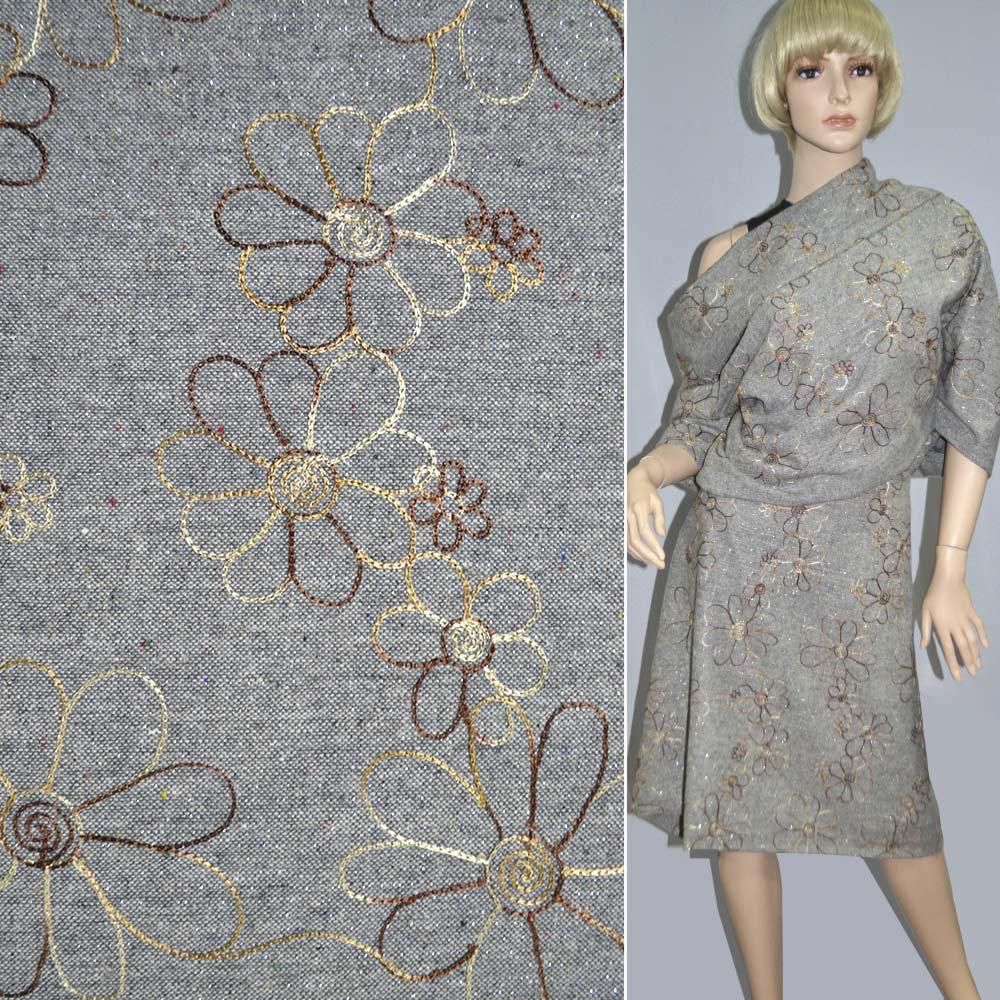 Твід сірий з бежевою вишивкою і люрексом