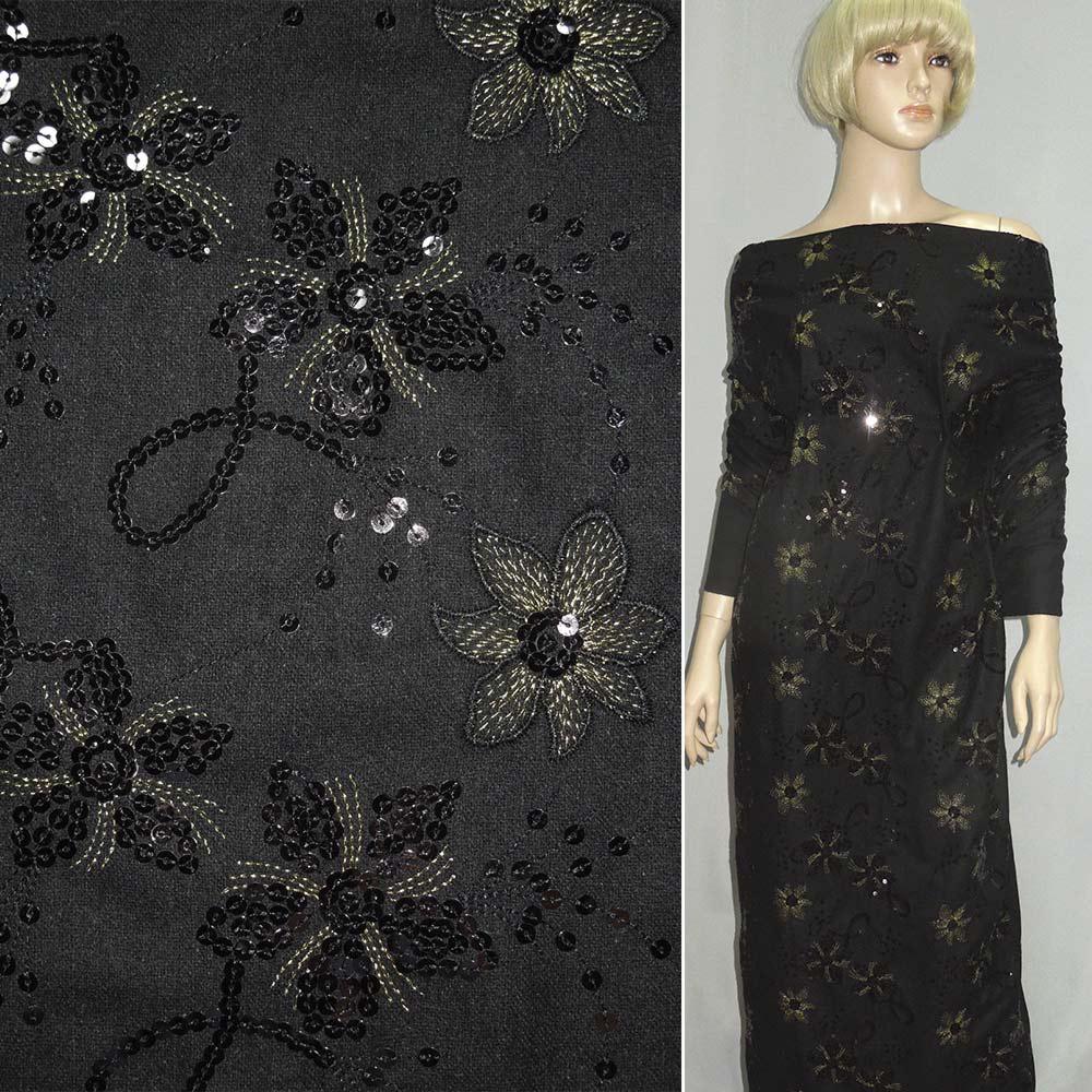 Шерсть костюмна чорна вишита люрексом і паєтками