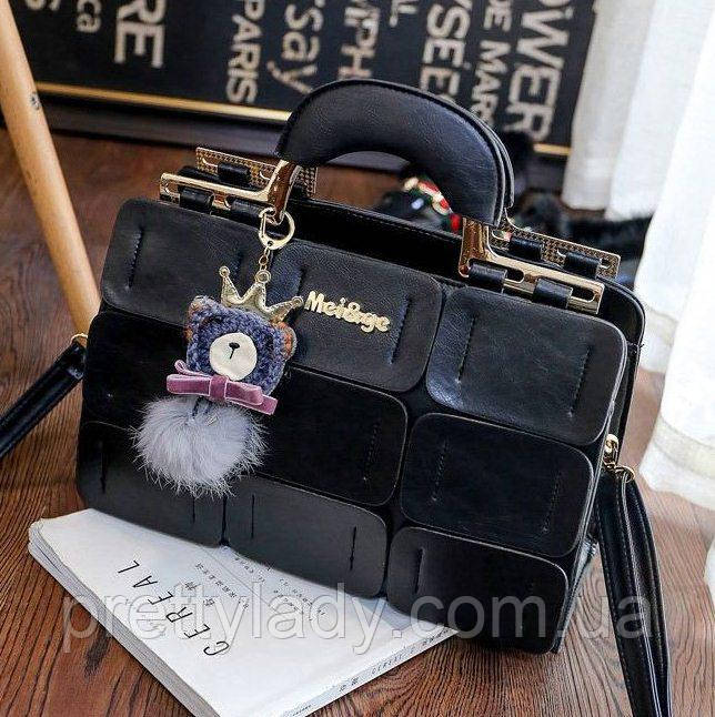 Велика жіноча сумка Mei&ge з металевими ручками і брелком чорна, фото 1