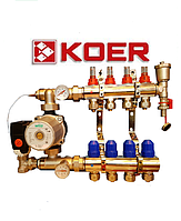 Коллектор распределительный гребенка для водяного теплого пола Koer на пять контуров в сборе с насосом