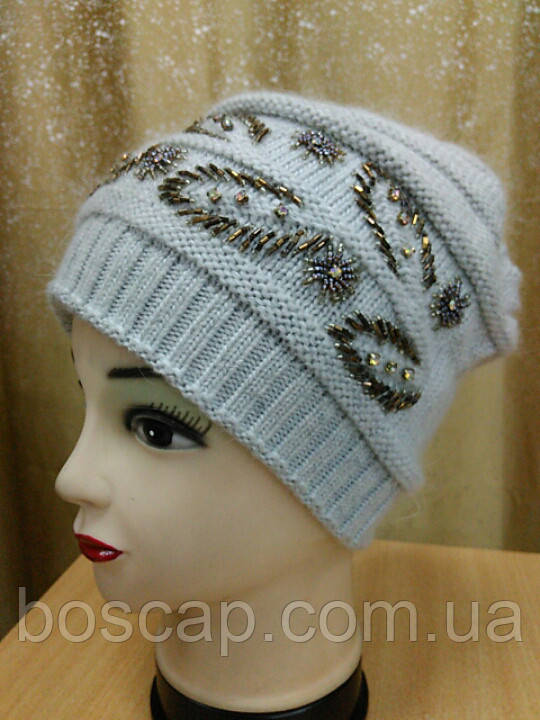 Зимова жіноча шапка в'язана, розмір 55-57, вовняна, колір сірий