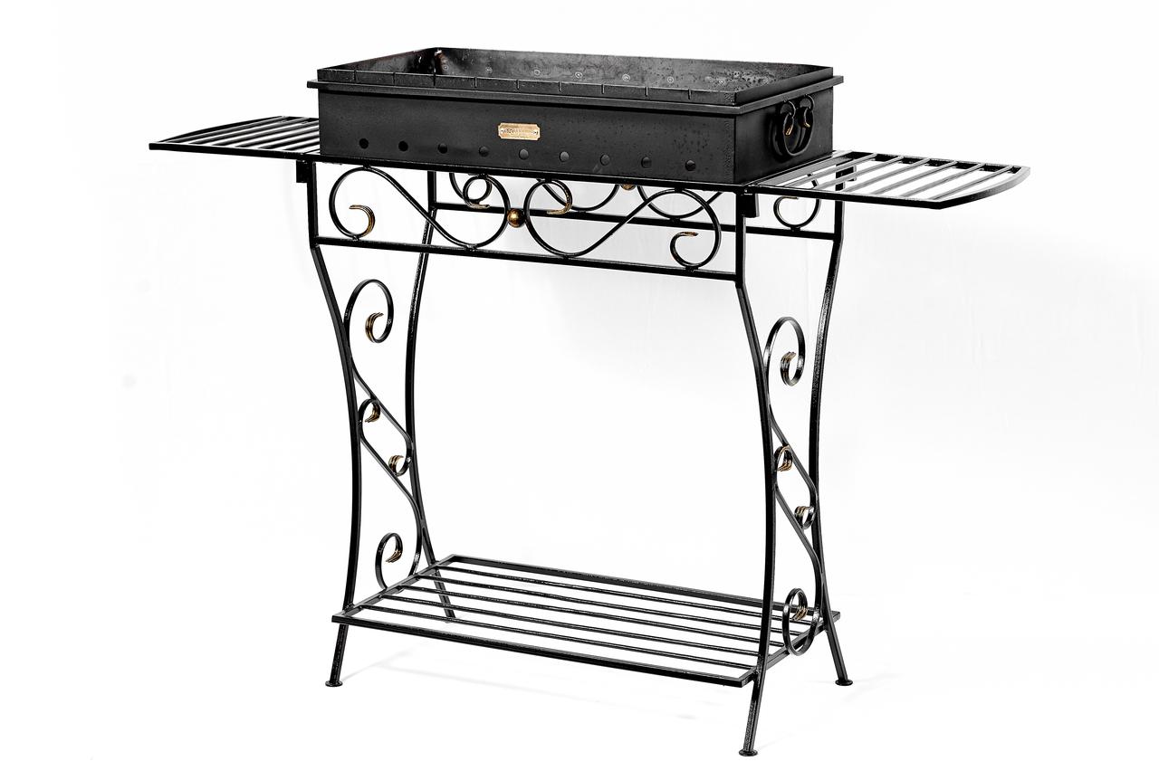 Мангал кований садовий зі знімними коробом (сталь 2 мм) і бічними полицями М33-2, фото 1