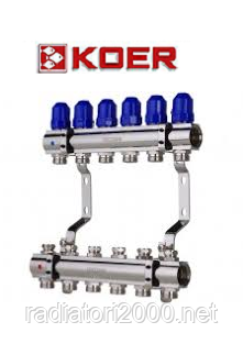 Колекторний блок із термостатичними клапанами Koer KR.1100-06 1”x6 WAYS