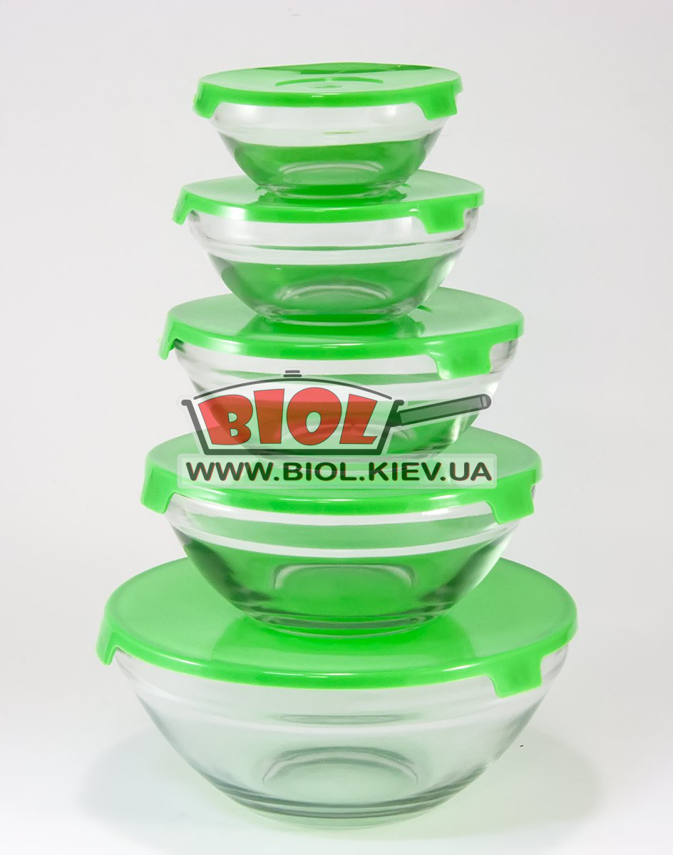 Набір судків (5шт.) із скла з пластиковими кришками (колір кришок - зелений) Stenson MS-0091-2