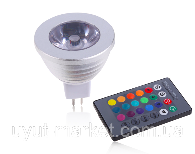 Кольорова світлодіодна лампа 3 Вт RGB MR16 LM293 з пультом, фото 1