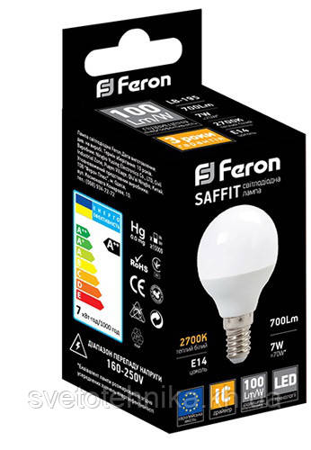 Светодиодная лампа Feron LB195 E14 7W 2700K типа G45 "шар" для общего и декоративного освещения - фото 1 - id-p644310482