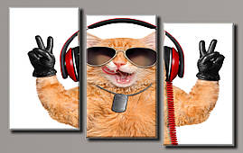 Модульна картина на полотні з 3 частин "Кіт у навушниках"