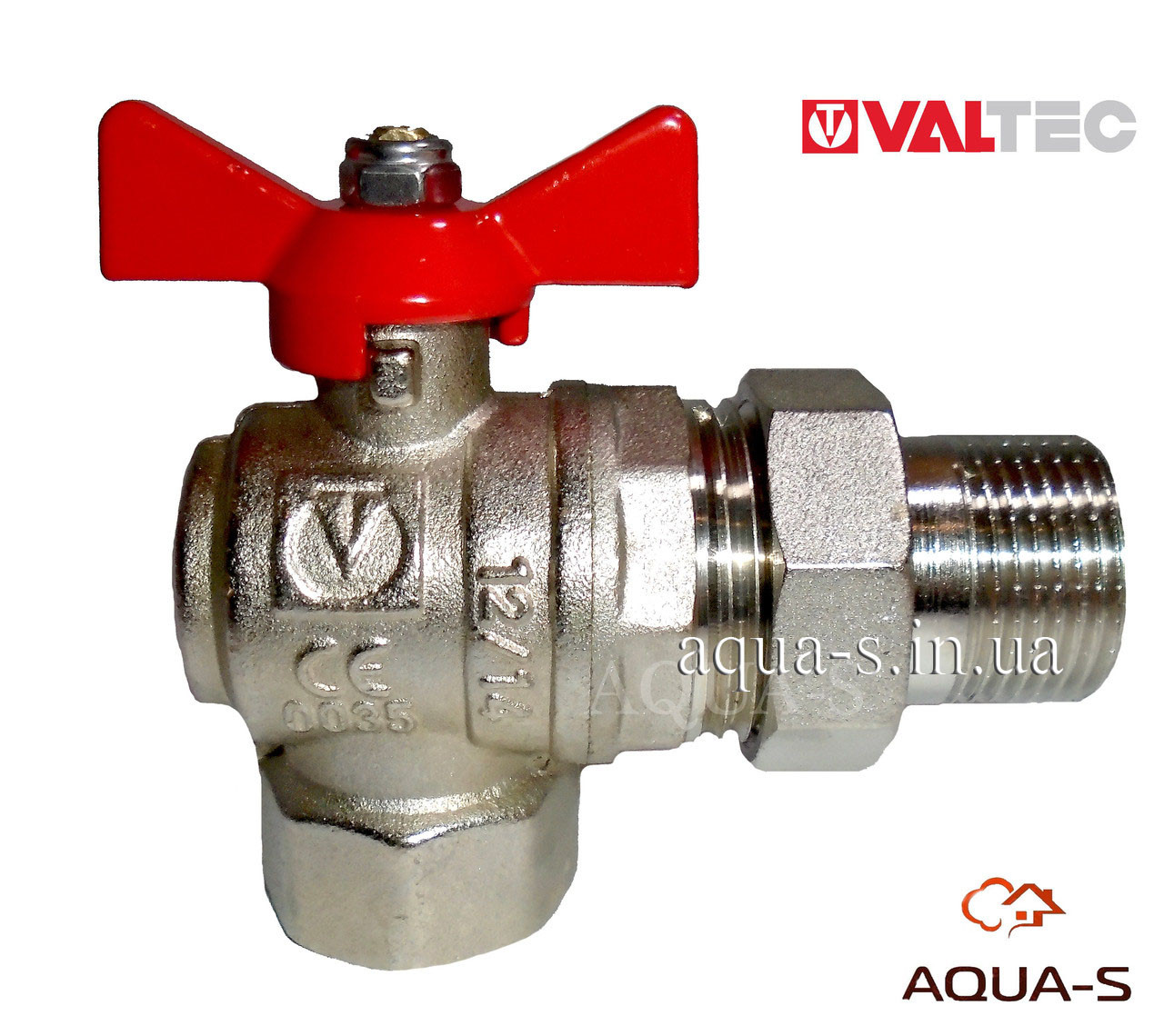 Кран зі сгоном Valtec BASE DN 3/4" (PN 40) кутовий з червоною ручкою (Італія) VT.228.N.05, фото 1