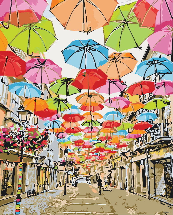 Розмальовка за номерами Вулиця парасольок (KH3508) Ідейка 40 х 50 см