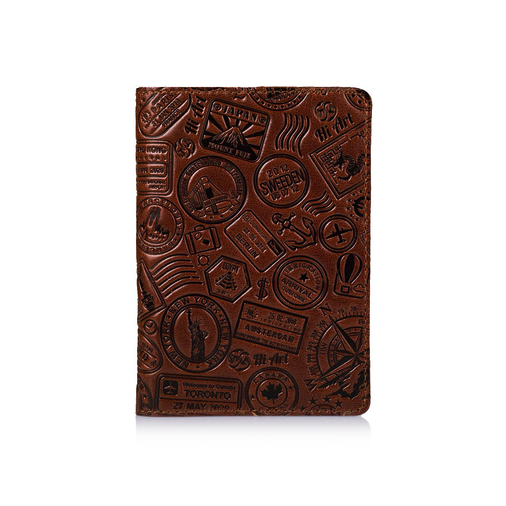 Шкіряне дизайнерське портмоне для документів коньячного кольору, колекція "let's Go Travel"