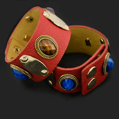 Браслет Штучна Шкіра, з Металевою Вставкою та Кабошонами, Бордовий, Довжина 23см, Ширина 3.6см, 1 шт, фото 1