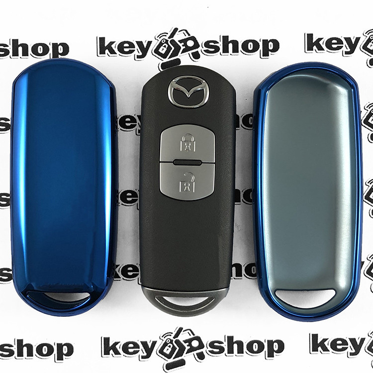 Чехол (синий, полиуретановый) для смарт ключа Mazda (Мазда), кнопки без защиты - фото 1 - id-p657383513