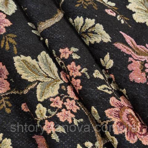 Тканина Гобелен, квітковий узор, чорний, фото 1