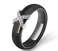 Керамическое черное женское кольцо с кристаллами код 1370