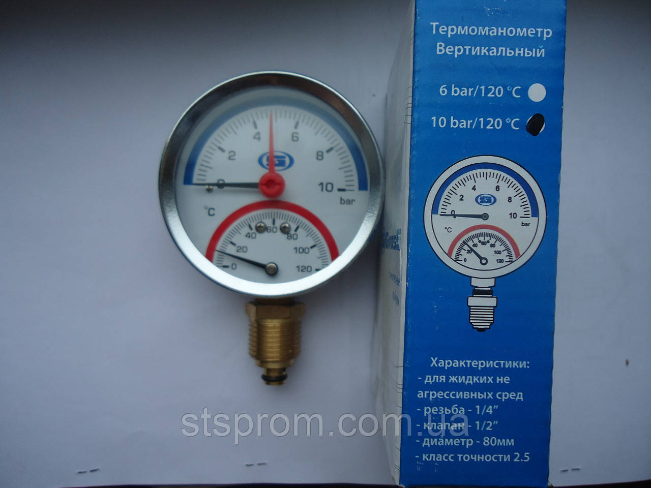 Термоманометр вертикальний 1/4" з клапаном 1/2" (120 C) (10.0 Bar) Грос Gross