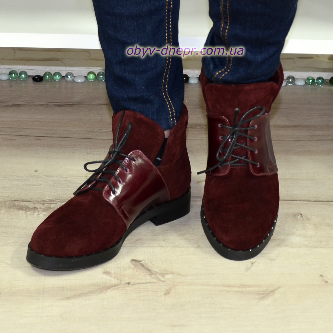 Черевики жіночі бордові на невисокому каблуці, фото 1