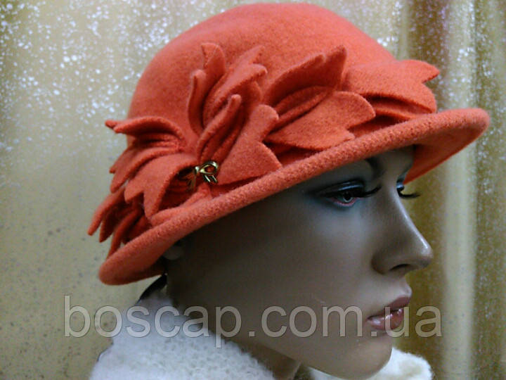 Зимова жіноча капелюха з вовни з квіткою, помаранчева