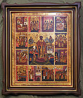 Фигурный киот для старинной иконы Святого Николая с внутренней деревянной рамой и золочёными штапиками.