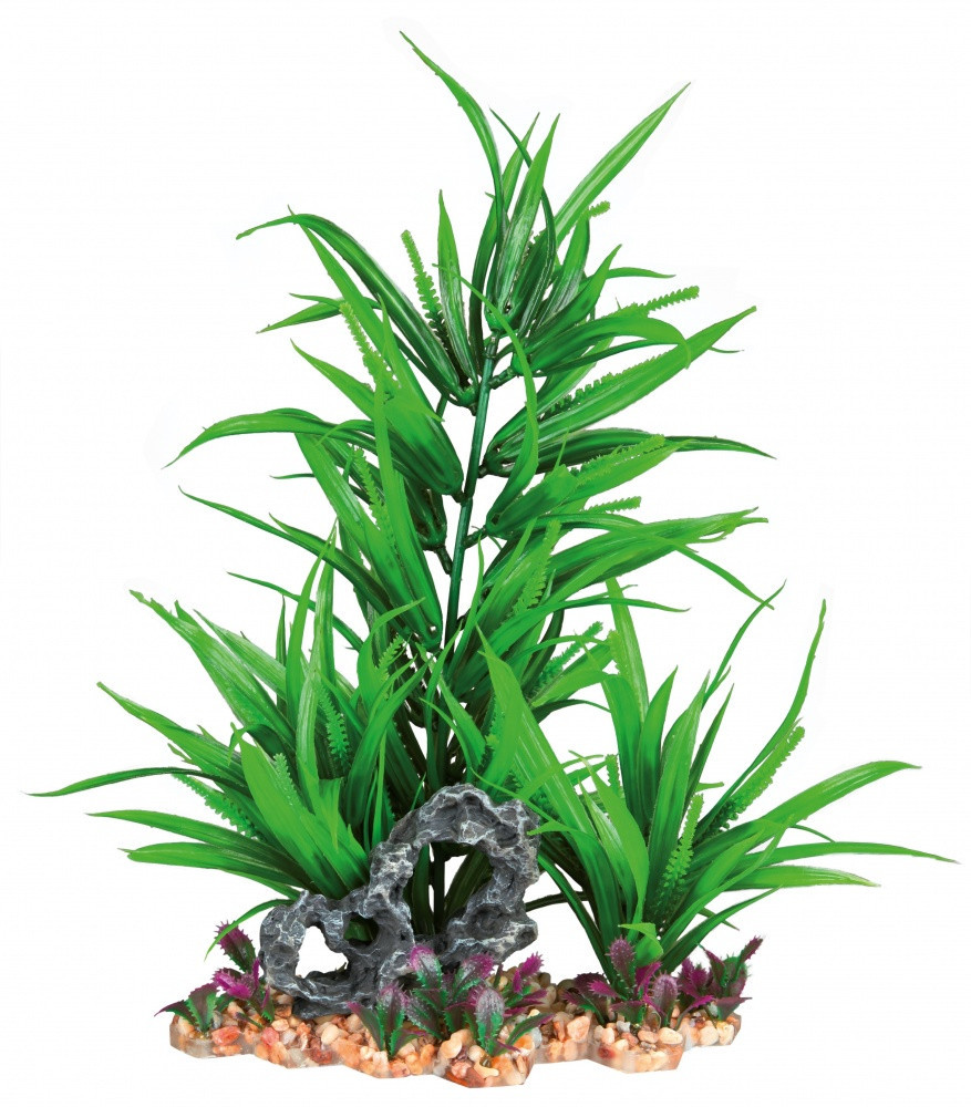Декорація Trixie Plastic Plant in Gravel Bed для акваріума, пластик, на кам'яній основі, 28 см