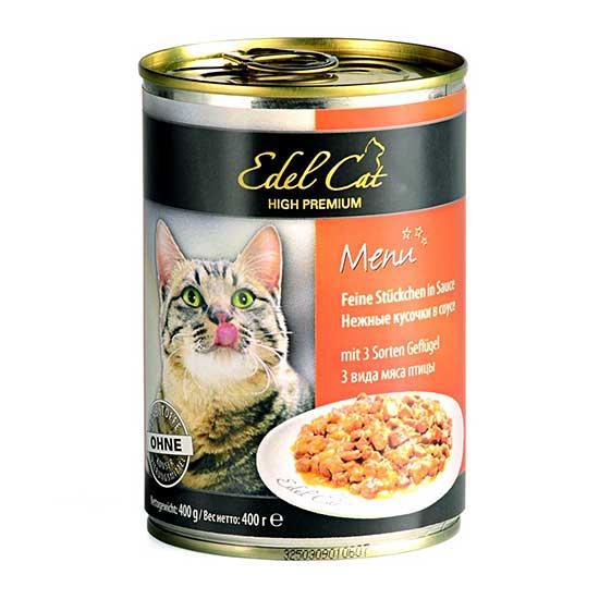 Консерви Edel для кішок Cat ніжні шматочки в соусі, 3 види м'яса, 400 г