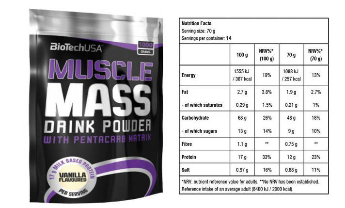 Гейнер BioTech USA Muscle Mass — 1 кг, фото 2