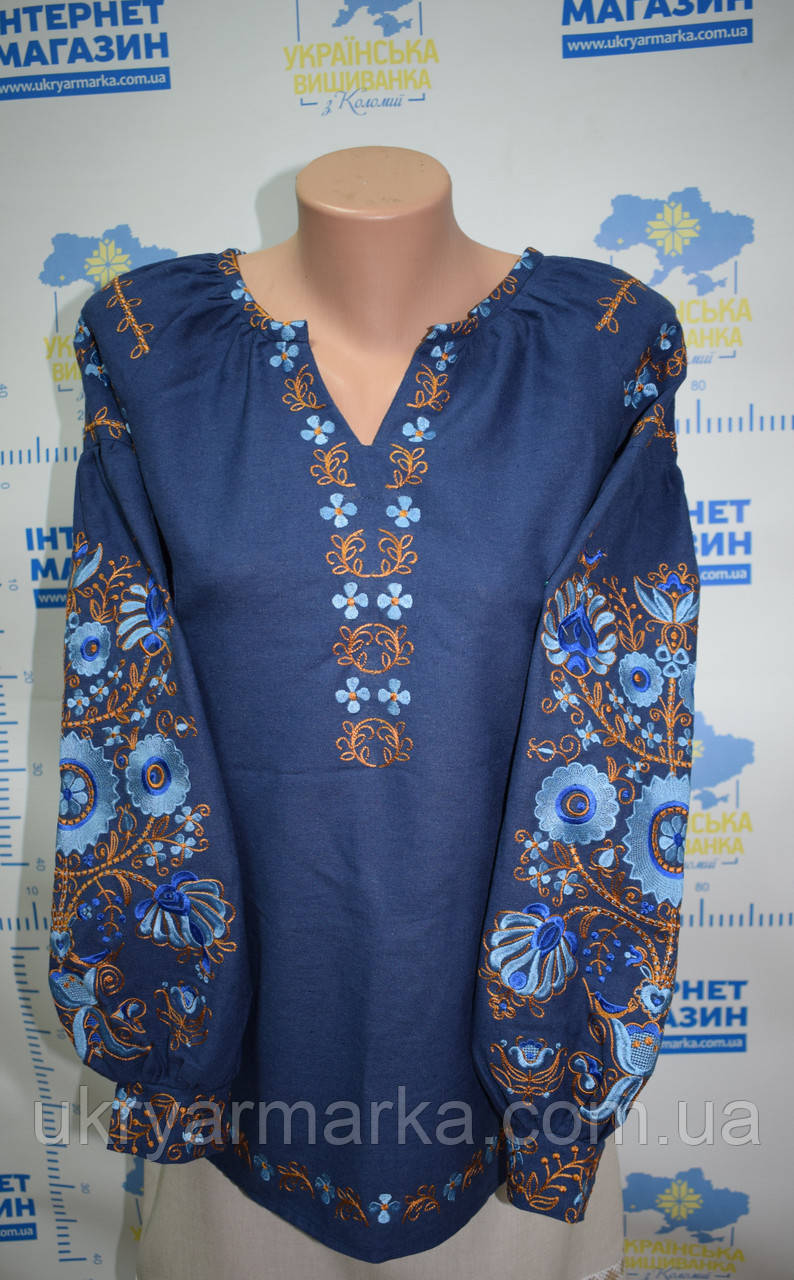 Вишита жіноча блузка бохо "Сонячне коло" темно-синя