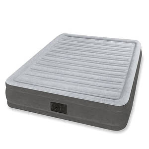 Двоспальне надувне флоковане ліжко Intex 67768, сіре, з вбудованим насосом 220V, 191 x 137 x 33 см