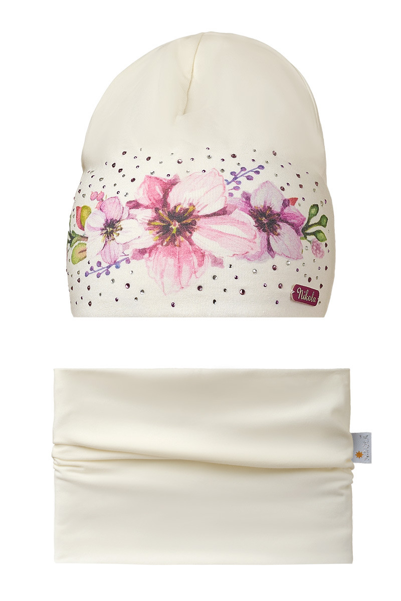 Комплект для дівчинки шапка і снуд "Весна", молочний, Marika for Nikola (Польща)
