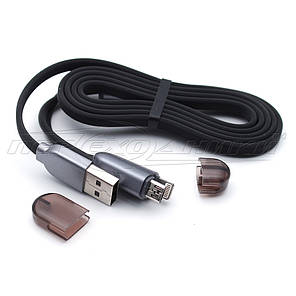 Кабель 2в1 USB to Lightning + micro USB, плоский прогумований кабель, 1 м, фото 2