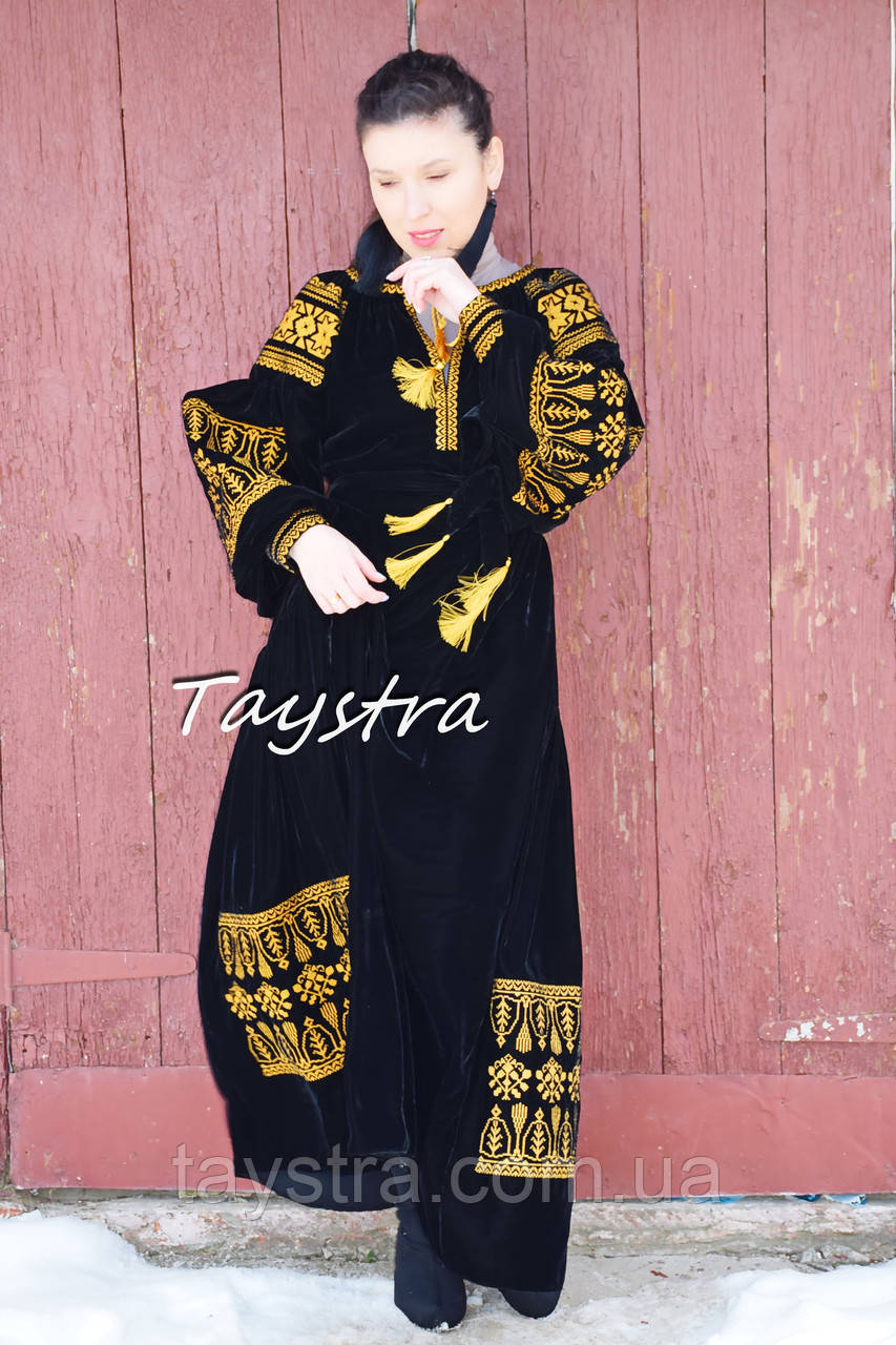 Вышитое Бархатное Платье, Черное Платье с Золотой Вышивкой, Этно-стиль ...