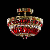 Люстра хрустальная потолочная в золотом корпусе и красно-прозрачным хрусталем, на 3 лампочки