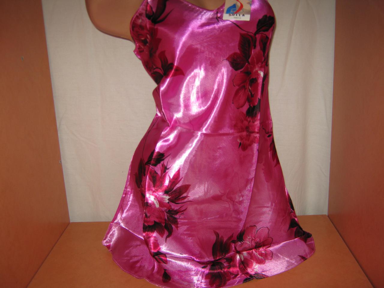 Пеньюар жіночий рожевий атласний в квітах розмір XL (44-46)