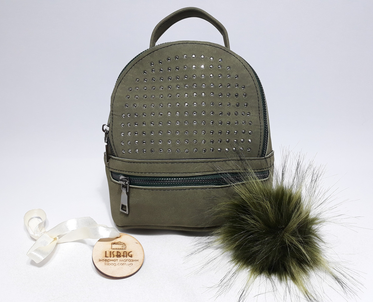 Жіночий міні рюкзак з блискітками оливкового кольору