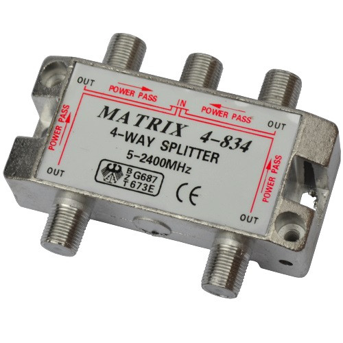 Сплиттер (Splitter) ТВ 4-way 5-2400MHZ, с проходом питания, корпус металл - фото 1 - id-p660926460