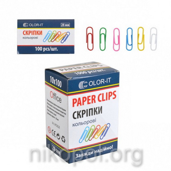 Металеві скріпки 28мм круглі "З" 100шт., різнокольорові