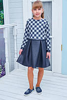Детское школьное платье темно-синее+серое Fashion 116см трикотаж с ангорой+экокожа шахмати квадрати