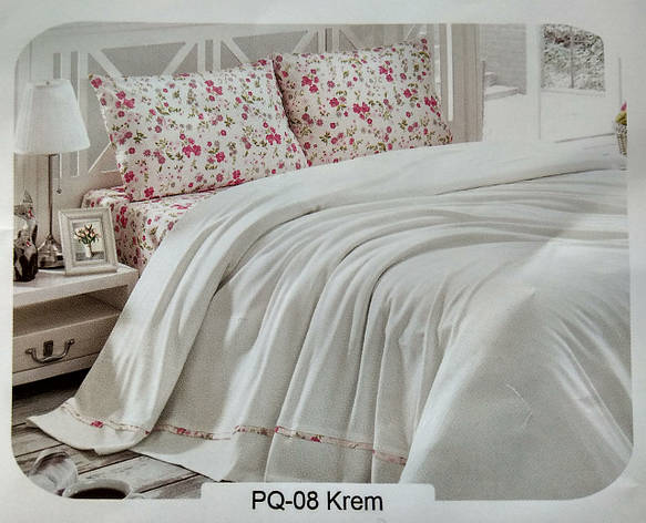 Літній набір постільної білизни в комплекті з ПІКЕ First Choice Soft Pike Takimi Krem, фото 1