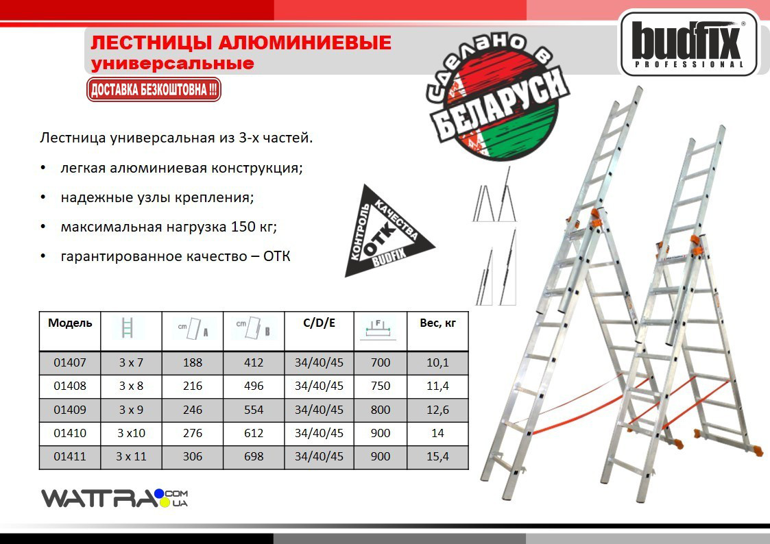 Лестница 01409 BUDFIX универсальная, алюминиевая из трех частей 3х9 ступенек, 5,54 м / 2,46 м, вес 12,6 кг - фото 3 - id-p494066527