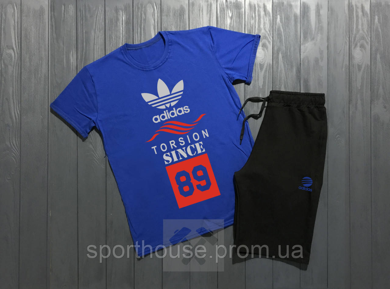 Чоловічий комплект футболка + шорти Adidas чорного і синього кольору (люкс) S