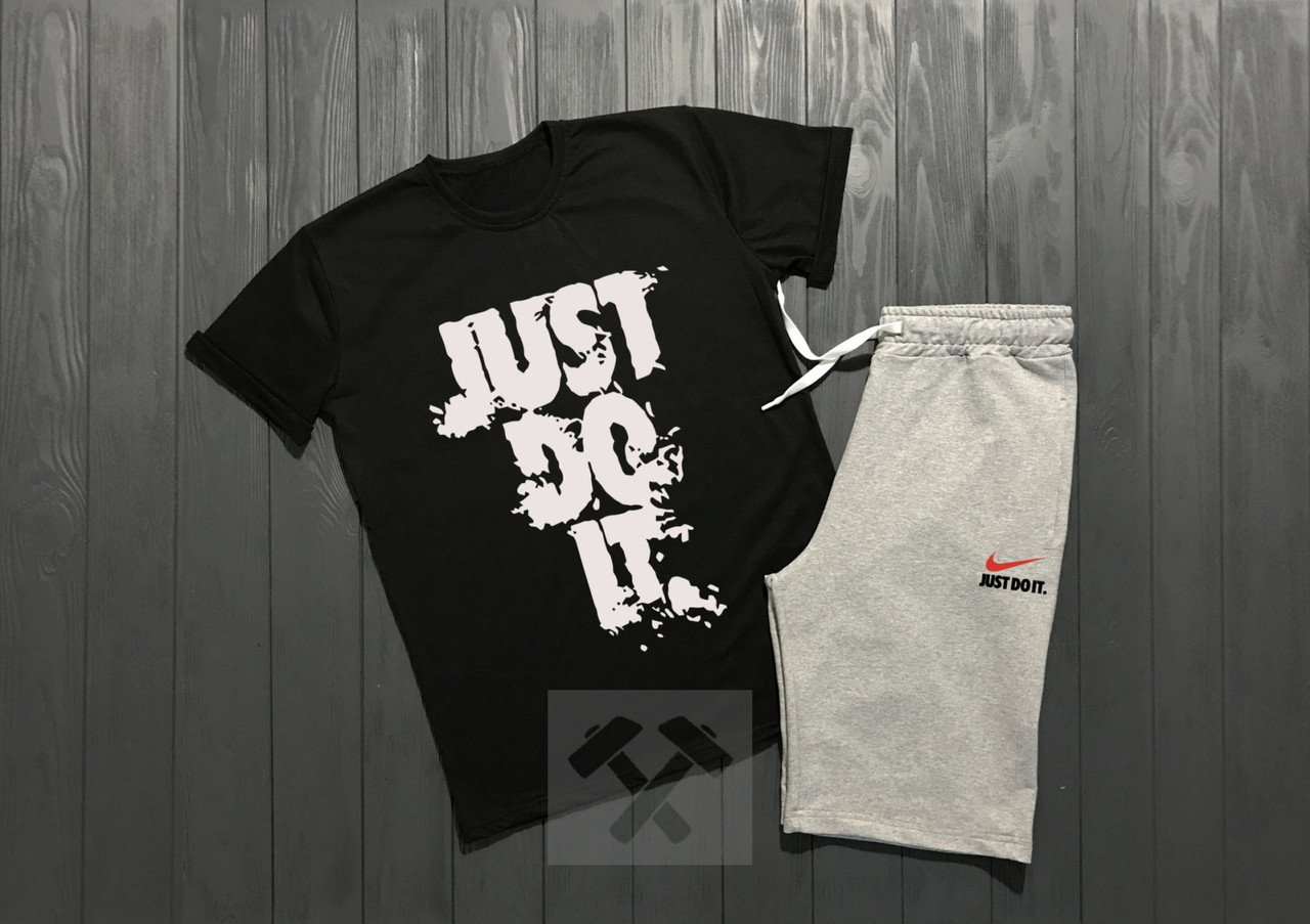 Чоловічий комплект футболка + шорти Nike чорного і сірого кольору (люкс) S