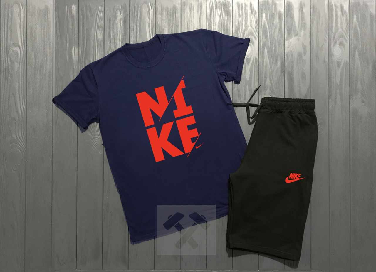 Чоловічий комплект футболка + шорти Nike синього і чорного кольору (люкс) S