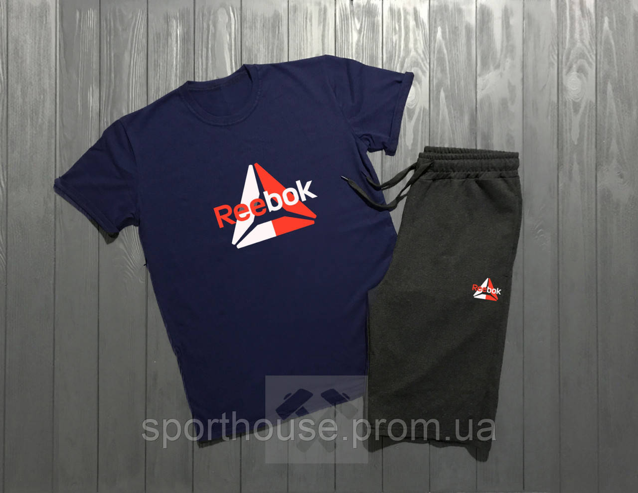 Чоловічий комплект футболка + шорти Reebok синього і сірого кольору (люкс) S